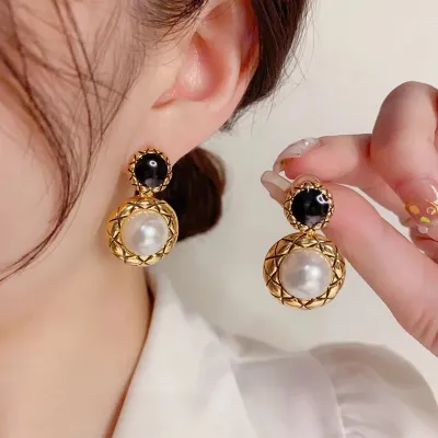 Retro Metallic Textured Big Round Pearl Drop Earrings 